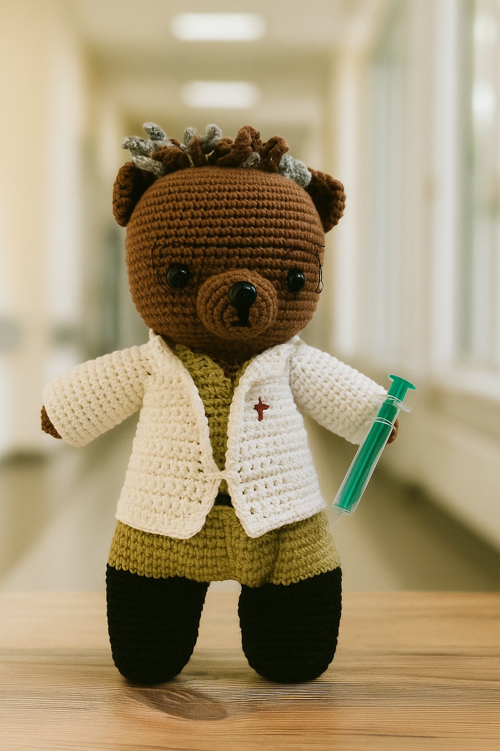 A_crocheted_teddy_bear_scientist_stands_upright_in_compressed